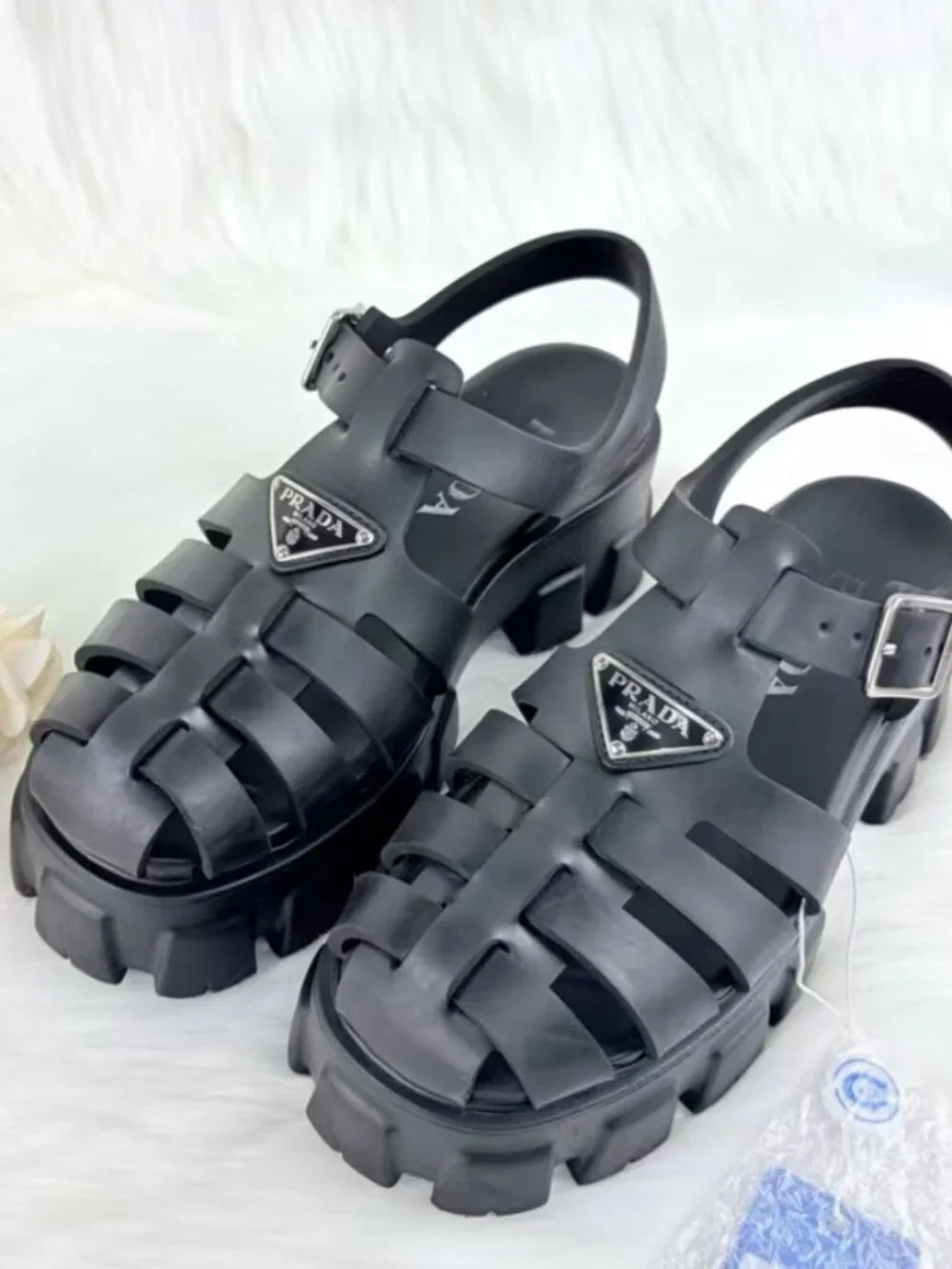 Prada Black Woven Cage Platform Lug Sole Slingback Sandals